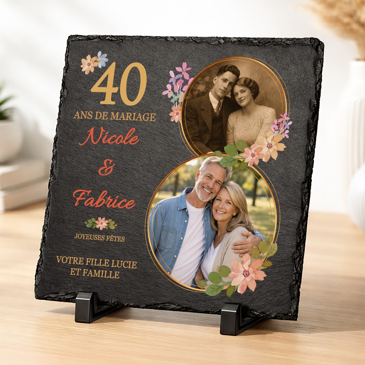 Pierre en ardoise personnalisée avec photo pour vos parents pour 40 ans de mariage