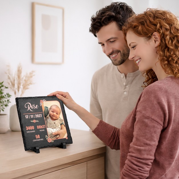 Pierre en ardoise personnalisée avec photo pour la naissance d'une petite-fille