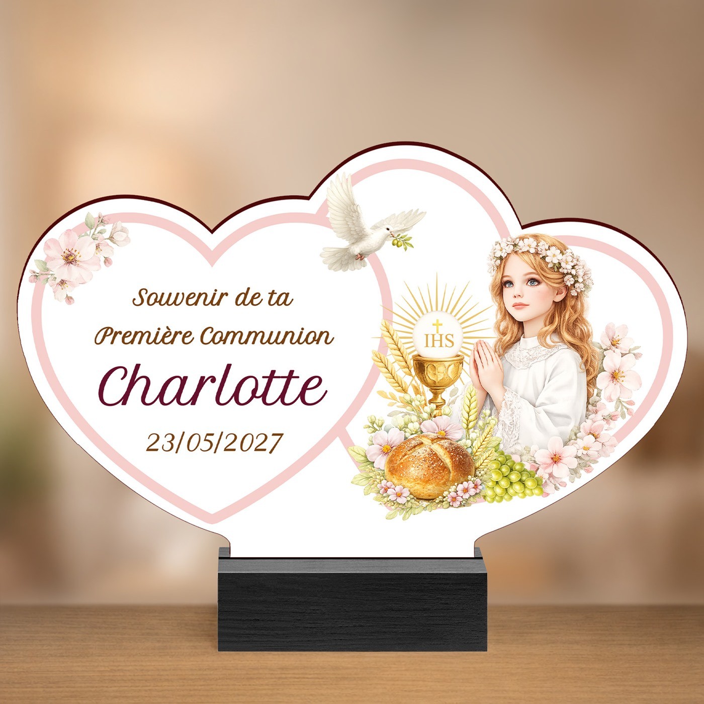 Statuette en bois personnalisée avec photo pour la communion d'une fille