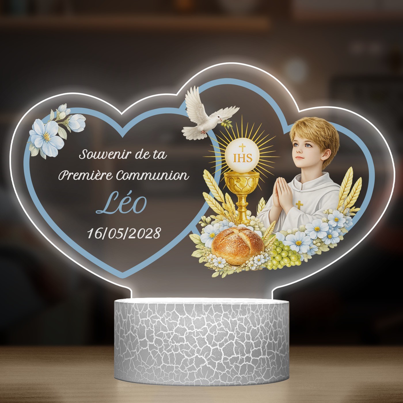 Lampe LED 3D avec impression pour la Première Communion d'un garçon