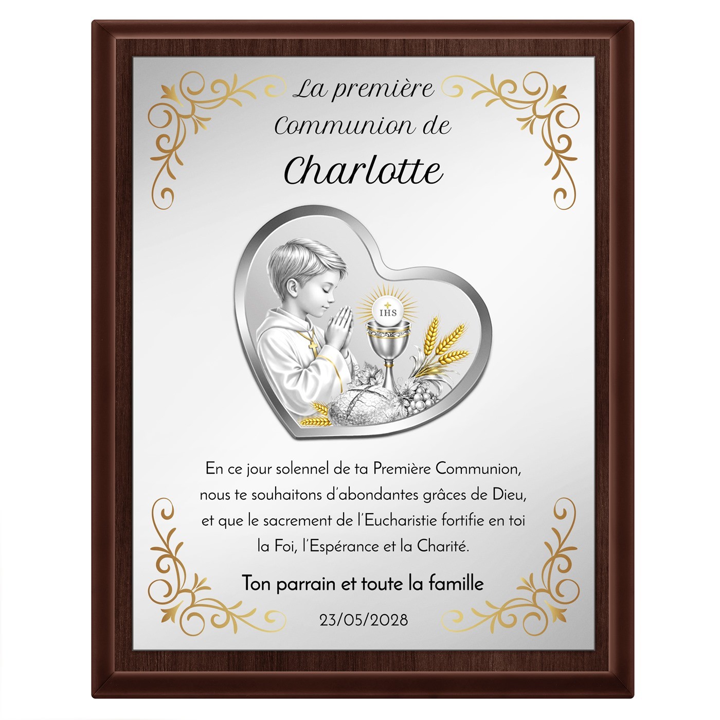 Plaque personnalisée avec impression pour la première communion de la part du parrain