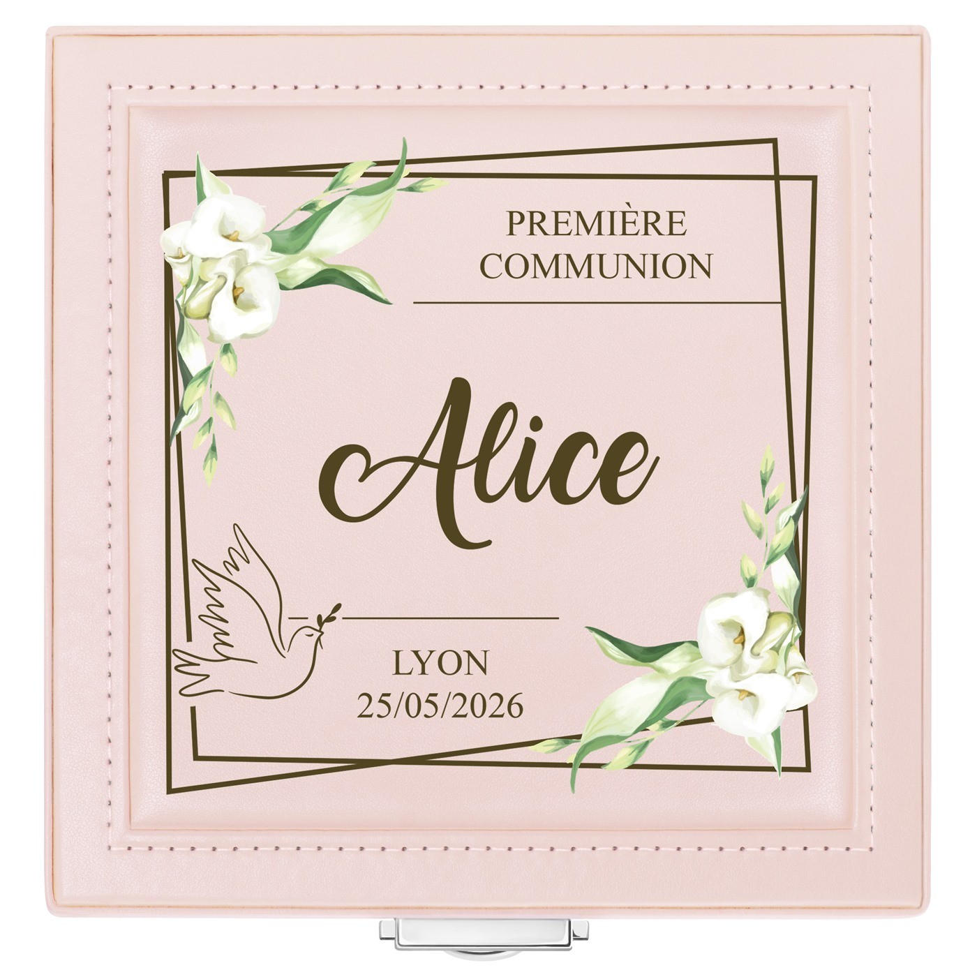 Coffret à bijoux rose avec impression pour fille pour sa première communion