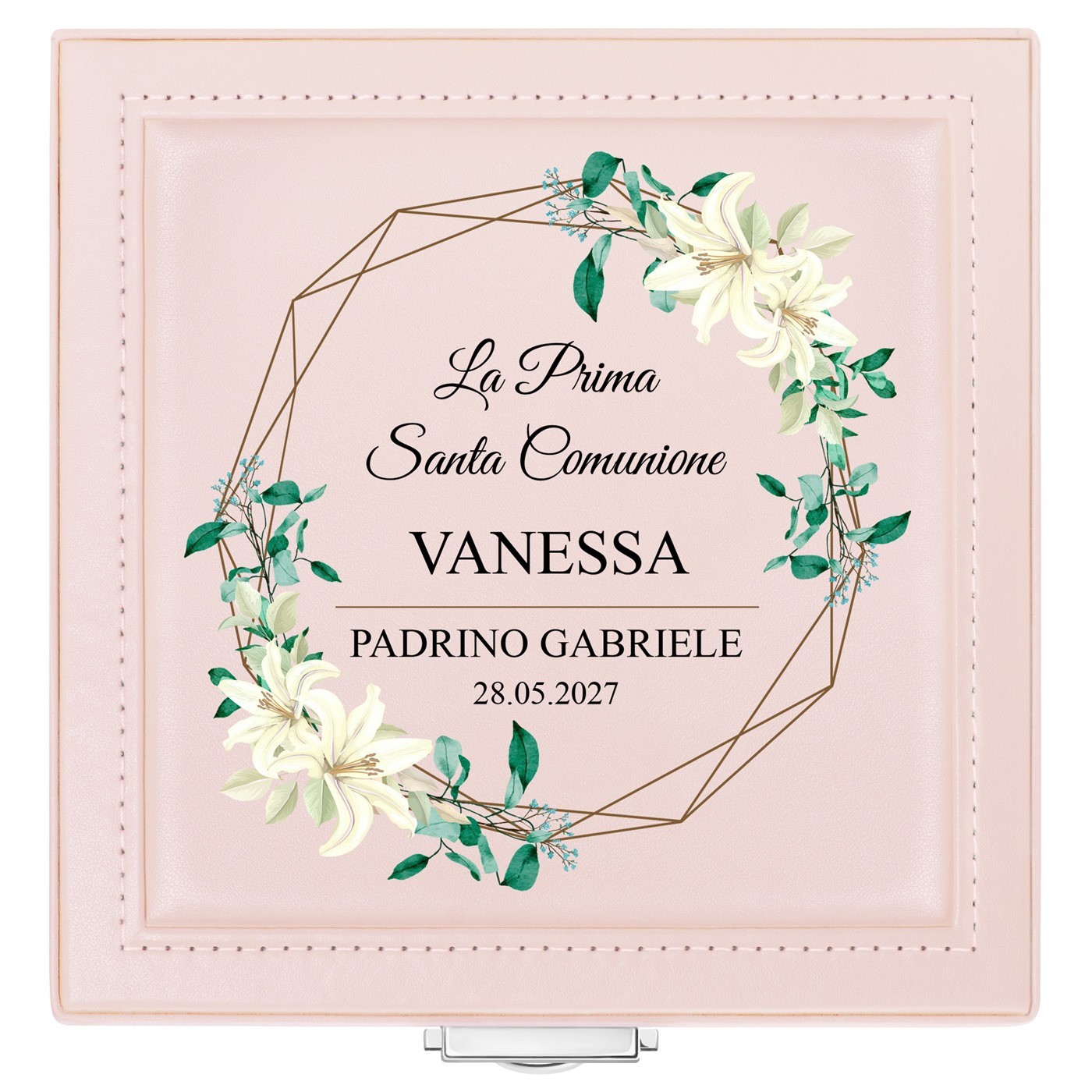 Coffret à bijoux rose avec impression pour une filleule pour sa première communion