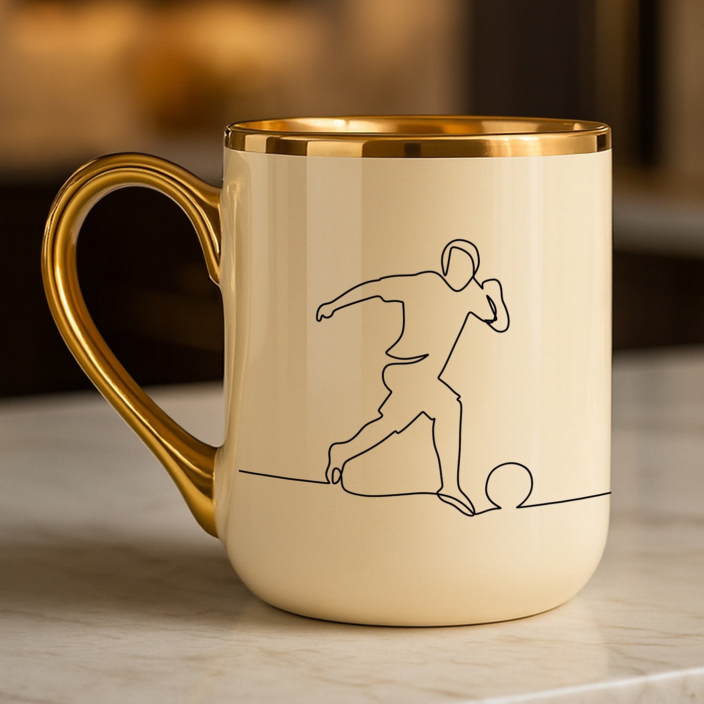 Tasse en céramique beige avec bord et anse dorés avec personnalisation pour l'anniversaire d'un fan de football