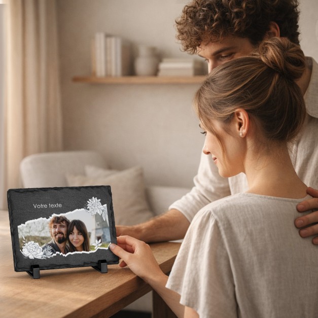Pierre en ardoise personnalisée avec photo pour elle et pour lui pour mariage