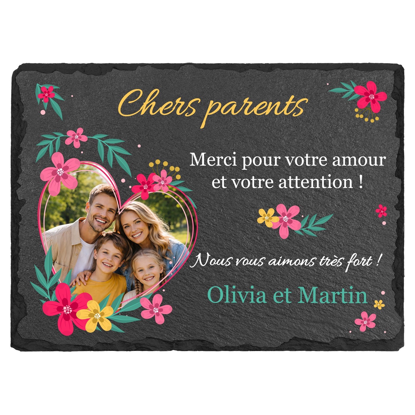 Pierre en ardoise avec impression avec photo pour des parents pour l'anniversaire de mariage