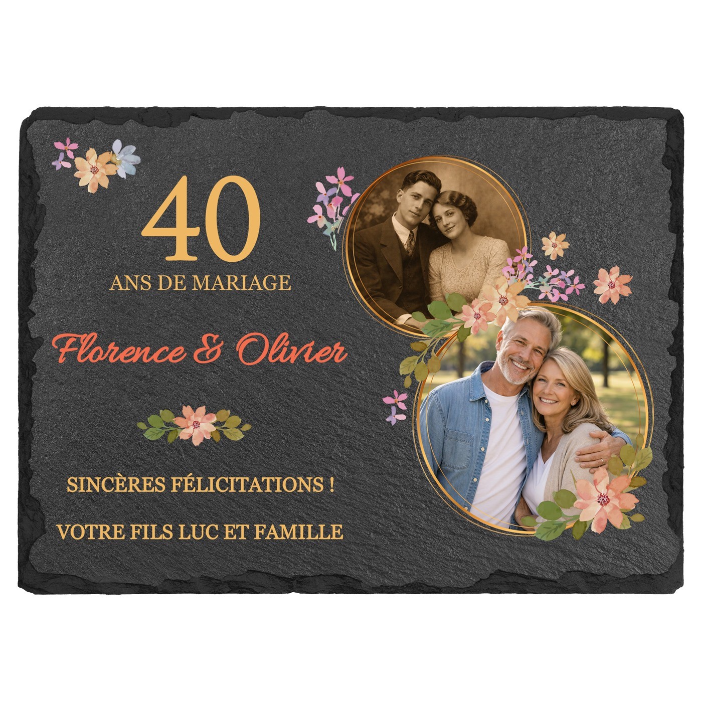 Pierre en ardoise personnalisée avec photo pour des parents pour 40 ans de mariage