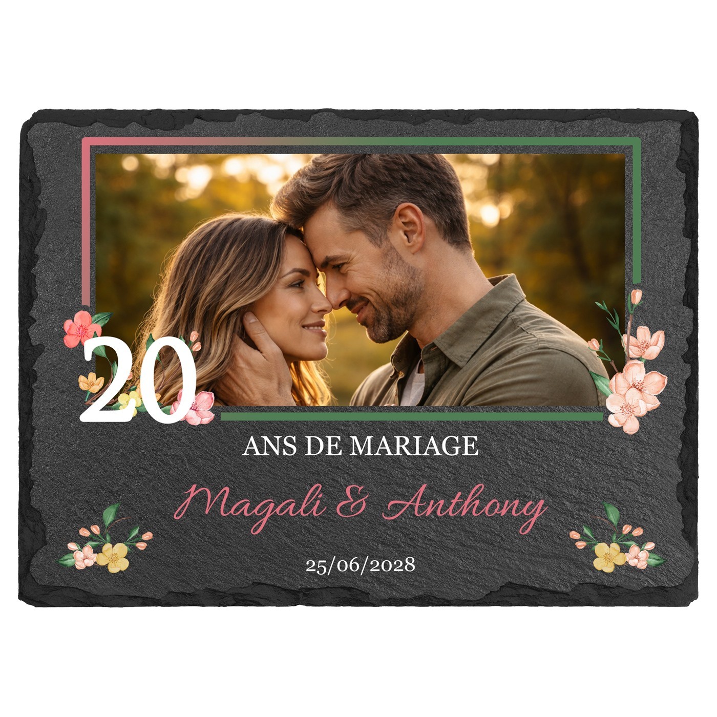 Pierre en ardoise personnalisée avec photo pour des parents pour 20 ans de mariage