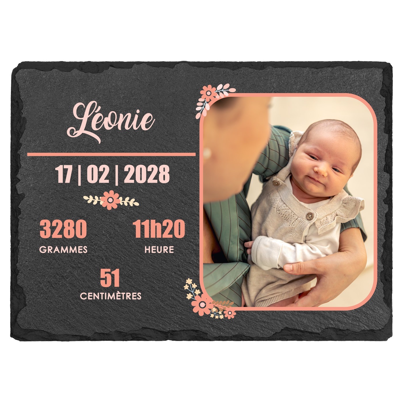 Pierre en ardoise avec impression avec photo pour la naissance d'une petite fille