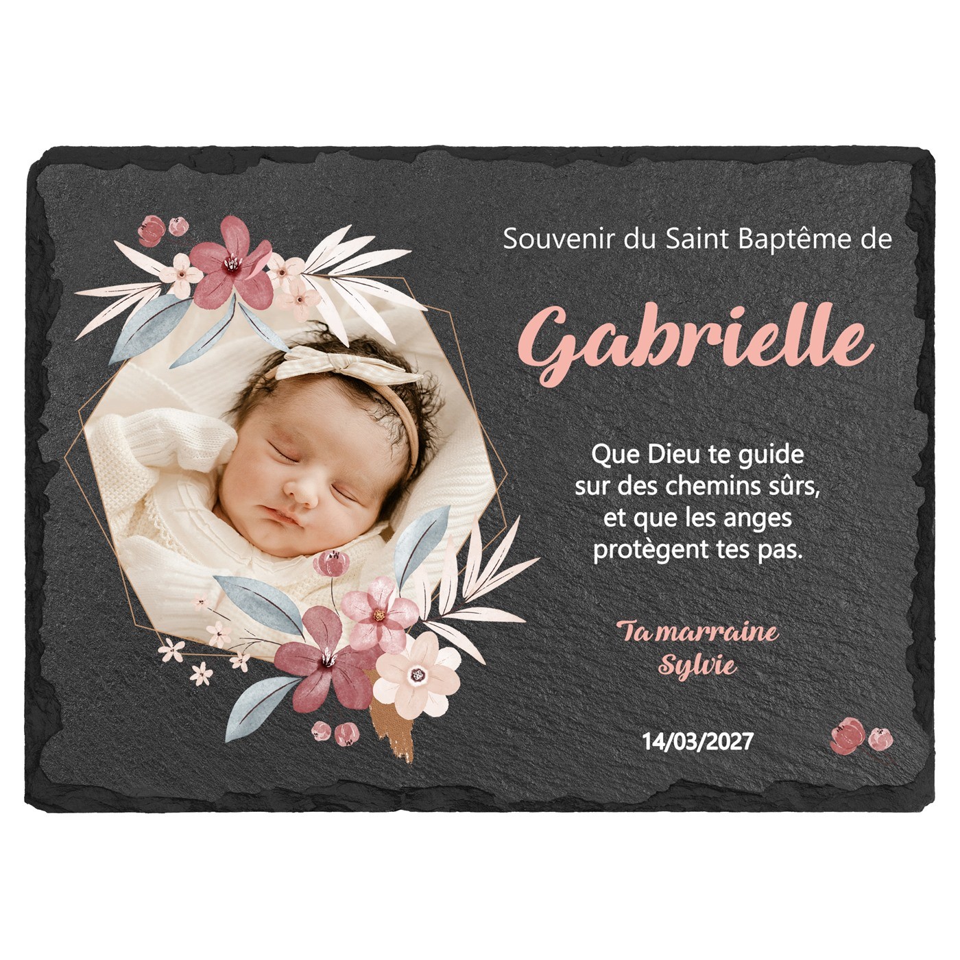 Pierre en ardoise personnalisée avec photo pour le baptême d'une petite fille