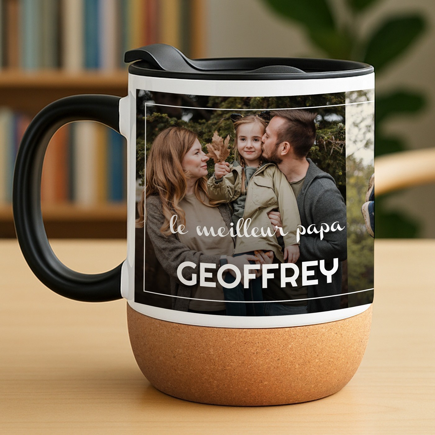 Mug blanc en céramique avec couvercle et fond en liège avec impression pour l'anniversaire d'un papa