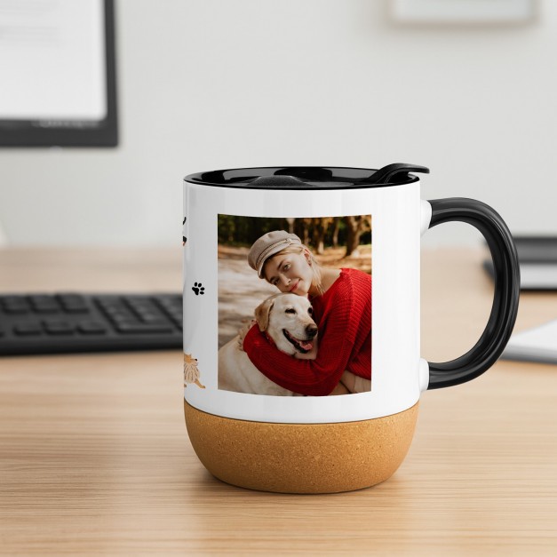 Mug blanc en céramique avec couvercle et fond en liège avec impression pour l'anniversaire d'une amoureuse des chiens
