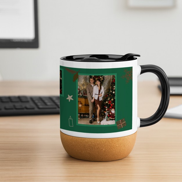 Mug blanc en céramique avec couvercle et fond en liège avec impression pour des amis pour Noël