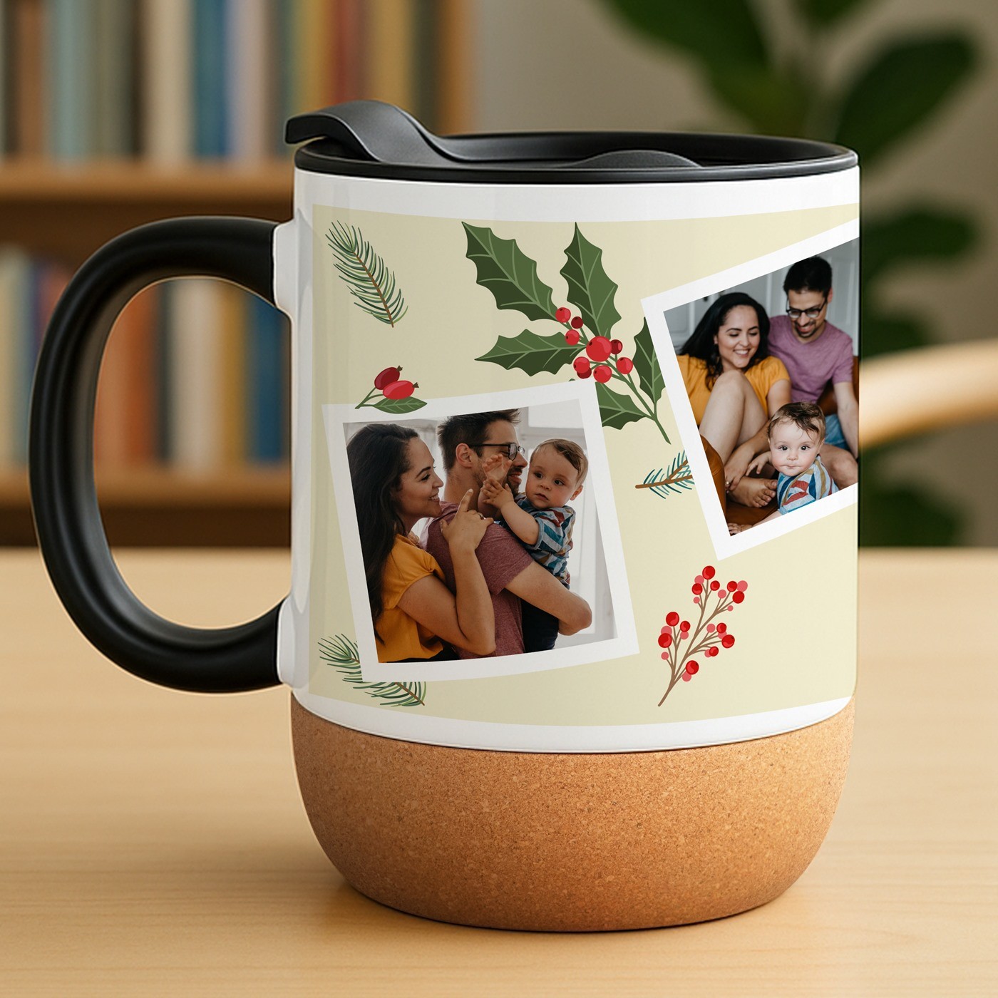 Tasse blanche en céramique avec couvercle et fond en liège personnalisée pour une famille pour Noël
