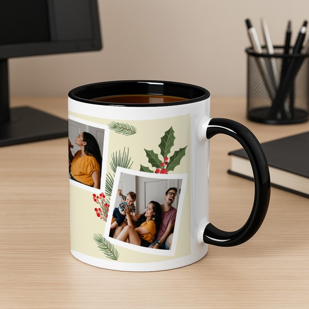 Tasse en céramique blanche et fond noir personnalisée avec impression avec photo pour des amis pour Noël