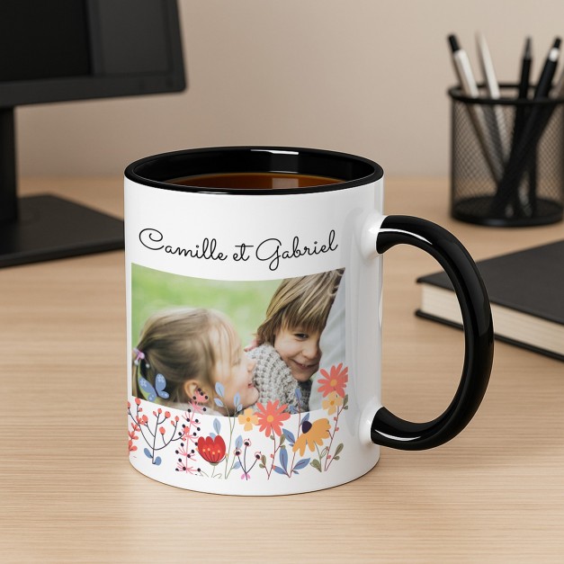 Tasse en céramique blanche et fond noir avec impression avec photo pour grands-parents pour l'anniversaire de mariage